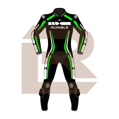 Green & Black Leather Motorcycle Suit – Rumble Edition 6238 Front Image