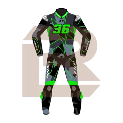 Green & Black Leather Racing Suit – Rumble Edition 9325 Front Image